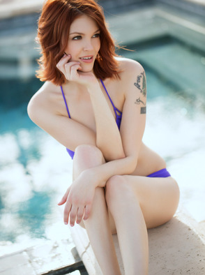 Redhead Bree Daniels Stripping Purple Bikini 