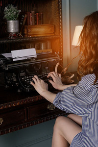 Mari Green Slender Russian Brunette Turns From Her Typewriter And Starts To Strip