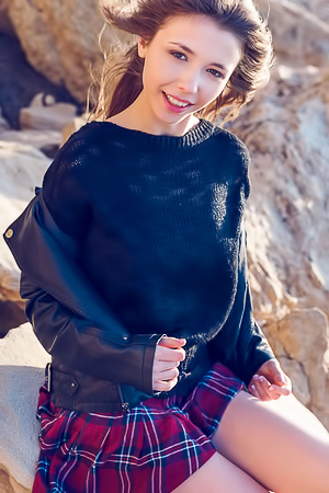 Stunning Brunette Mila Azul Strolls On The Shore, The Wind Whipping Her Short Plaid Skirt Up To Flash Her Panties picture galler