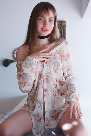 Sofy Bee Wearing Nothing But A Delicate Floral Shirt That Falls Open To Reveal Her Lovely Body