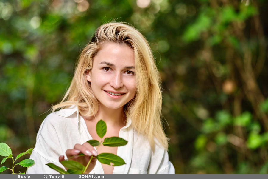 Susie Teases In Button Up And Ankle Strap Heels Amidst Lush Forest
