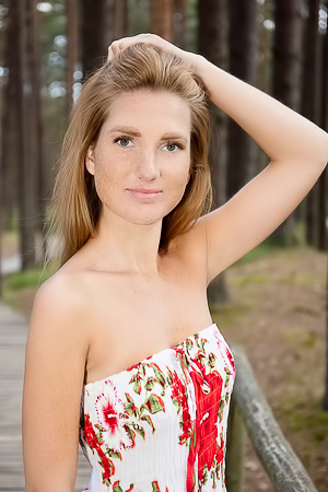 Lera F Teases With Long Locks And Shaved Allure In The Forest With Tantalizing Upskirt Views