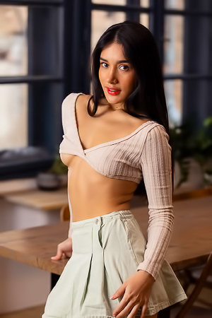 Carolina Guerrero Teases In Crop Top And Miniskirt With Playful Striptease Across Kitchen Breakfast Bar